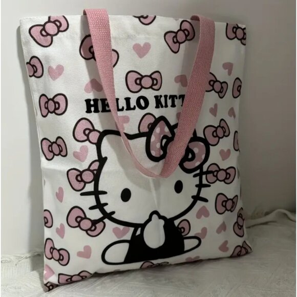 Hello Kitty Canvas Tote Bag – Adorable Pink Bow & Heart Design - Picture 3 of 5